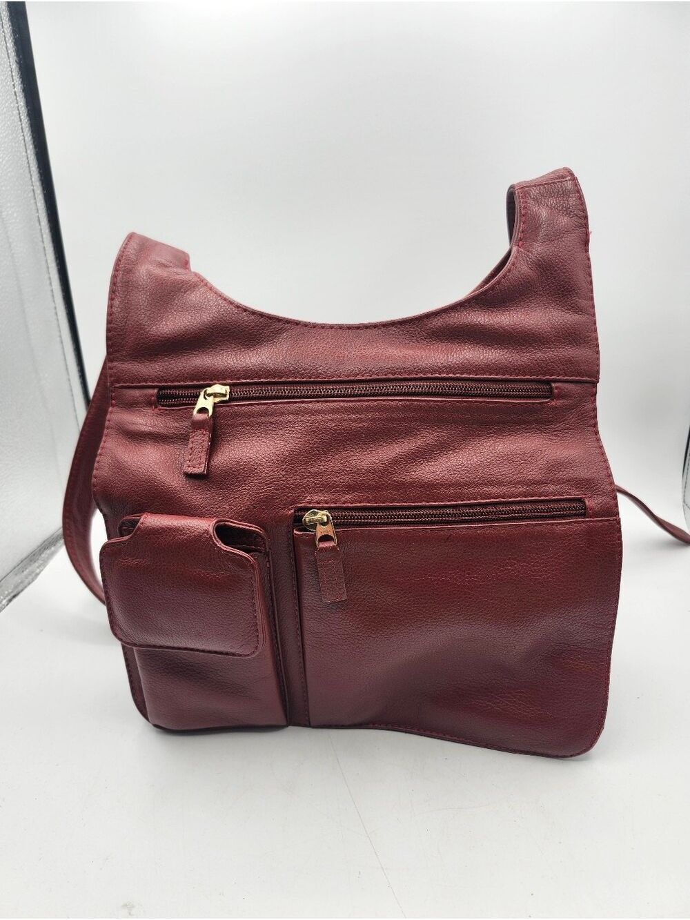 Women's Burgundy Leather Shoulder Bag with Front Pockets